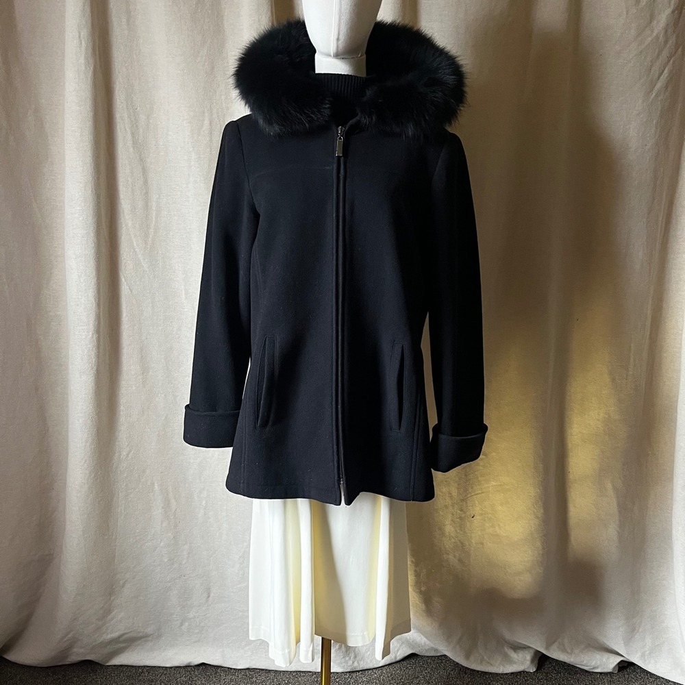 Worthington Black Wool Coat Sz Medium Finland Fox Fur Hood Vintage 2000s